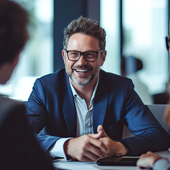 A businessman or financial advisor meeting with clients in an office, discussing finances, mortgages, and investing strategies. Personal financial management and advisory services. Generative Ai